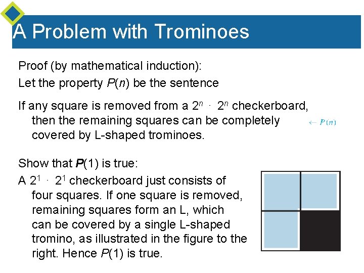 A Problem with Trominoes Proof (by mathematical induction): Let the property P(n) be the