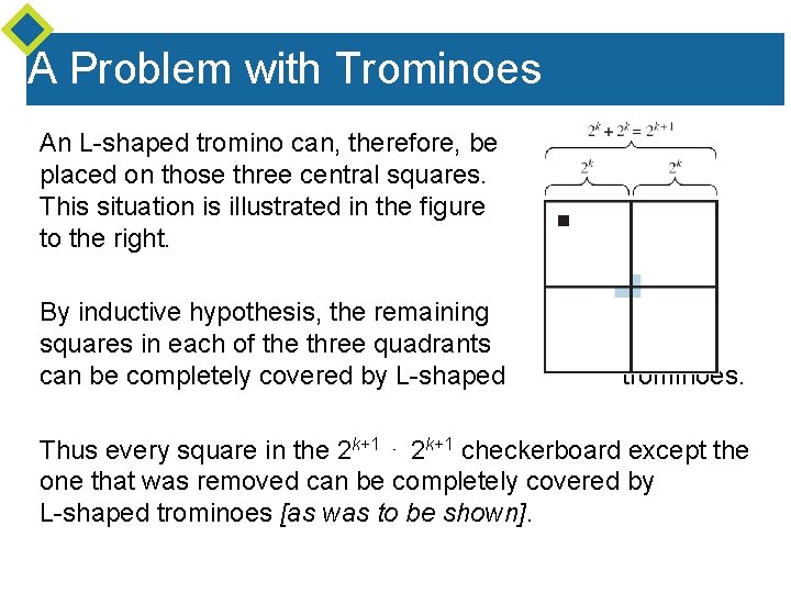 A Problem with Trominoes An L-shaped tromino can, therefore, be placed on those three