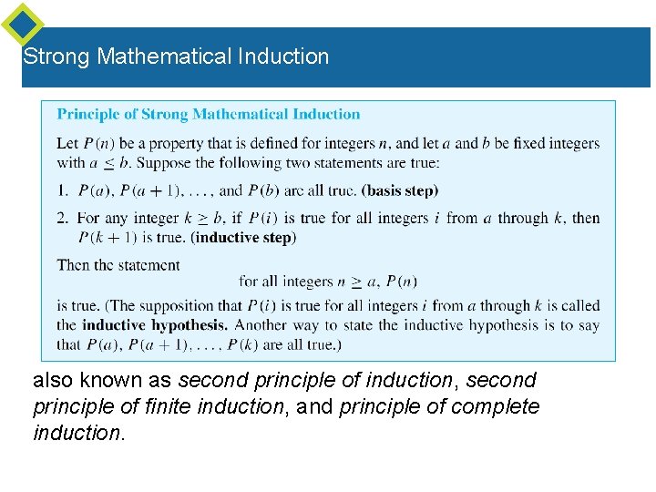 Strong Mathematical Induction also known as second principle of induction, second principle of finite