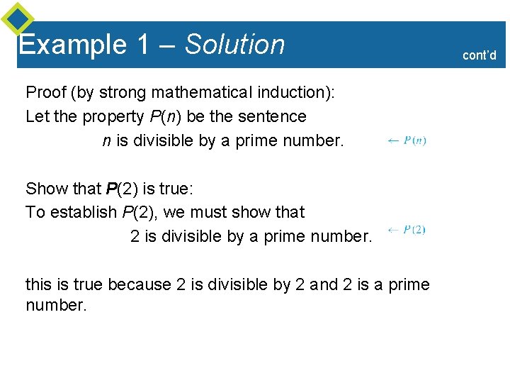 Example 1 – Solution Proof (by strong mathematical induction): Let the property P(n) be