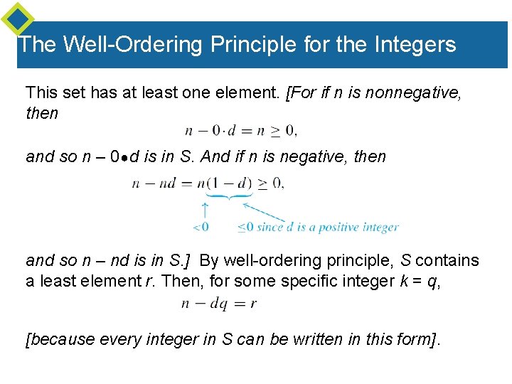 The Well-Ordering Principle for the Integers This set has at least one element. [For