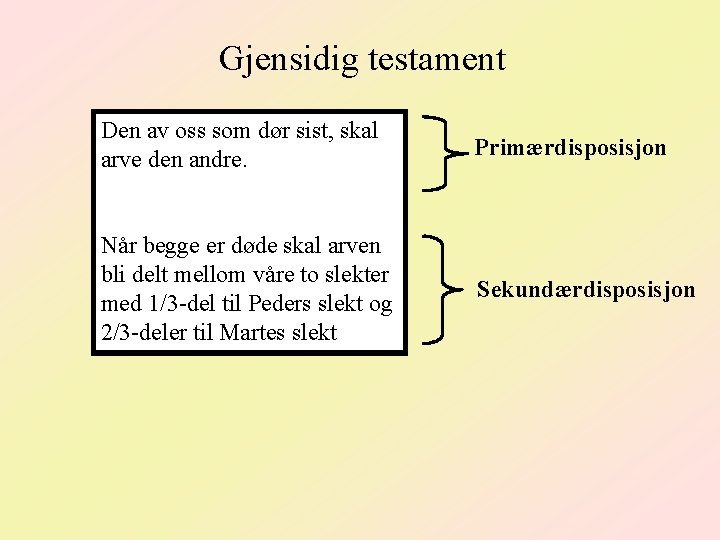 Gjensidig testament Den av oss som dør sist, skal arve den andre. Primærdisposisjon Når