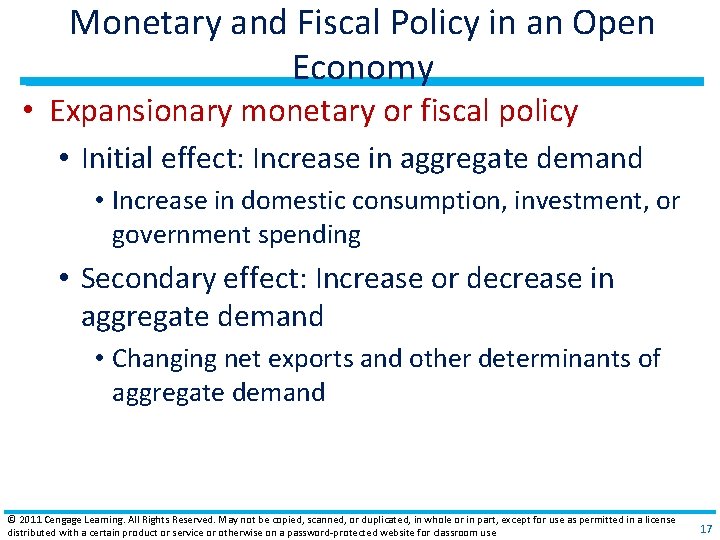 Monetary and Fiscal Policy in an Open Economy • Expansionary monetary or fiscal policy