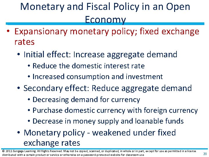 Monetary and Fiscal Policy in an Open Economy • Expansionary monetary policy; fixed exchange