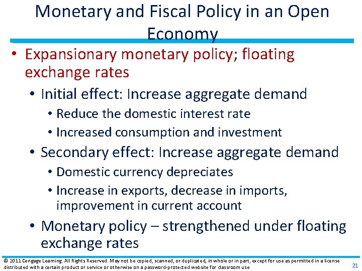 Monetary and Fiscal Policy in an Open Economy • Expansionary monetary policy; floating exchange