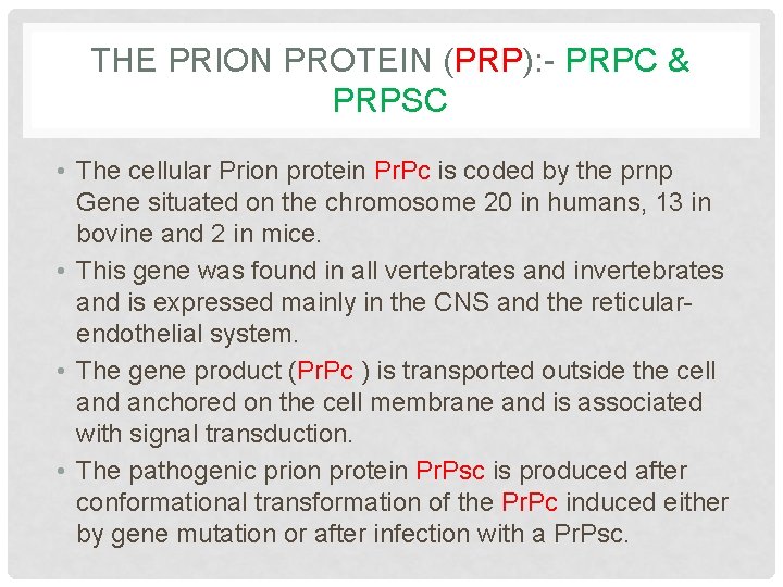 THE PRION PROTEIN (PRP): - PRPC & PRPSC • The cellular Prion protein Pr.