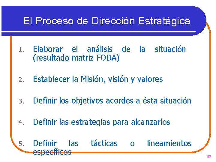 El Proceso de Dirección Estratégica 1. Elaborar el análisis de la situación (resultado matriz