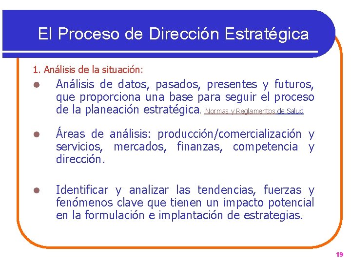 El Proceso de Dirección Estratégica 1. Análisis de la situación: l Análisis de datos,