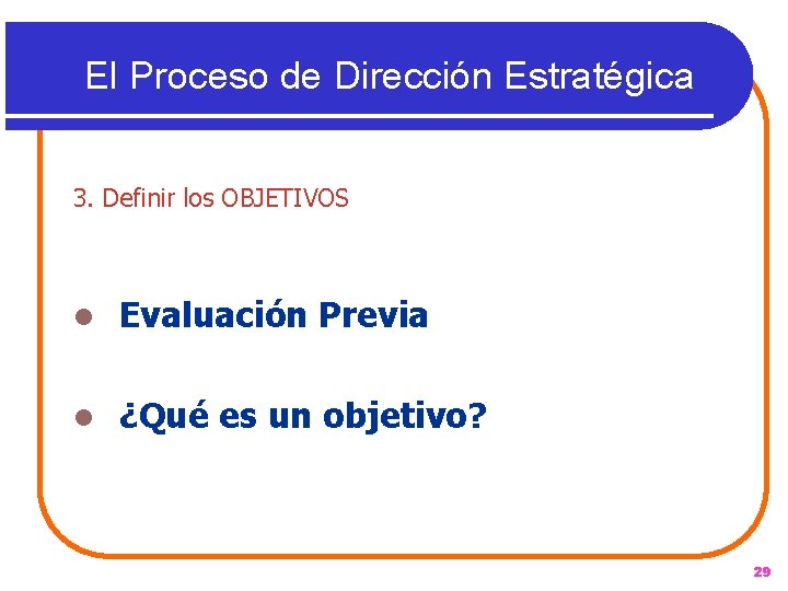 El Proceso de Dirección Estratégica 3. Definir los OBJETIVOS l Evaluación Previa l ¿Qué