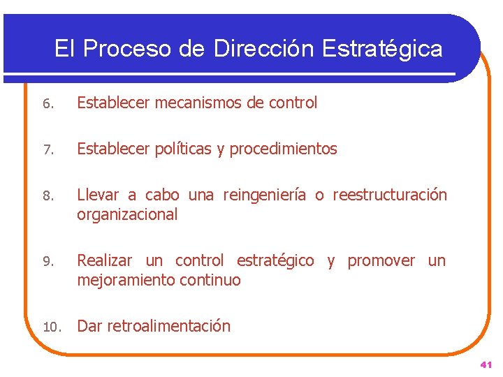 El Proceso de Dirección Estratégica 6. Establecer mecanismos de control 7. Establecer políticas y