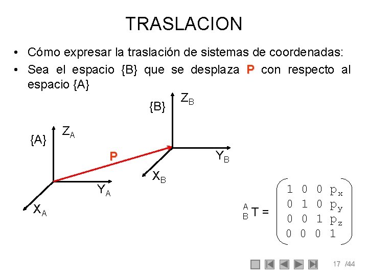 TRASLACION • Cómo expresar la traslación de sistemas de coordenadas: • Sea el espacio