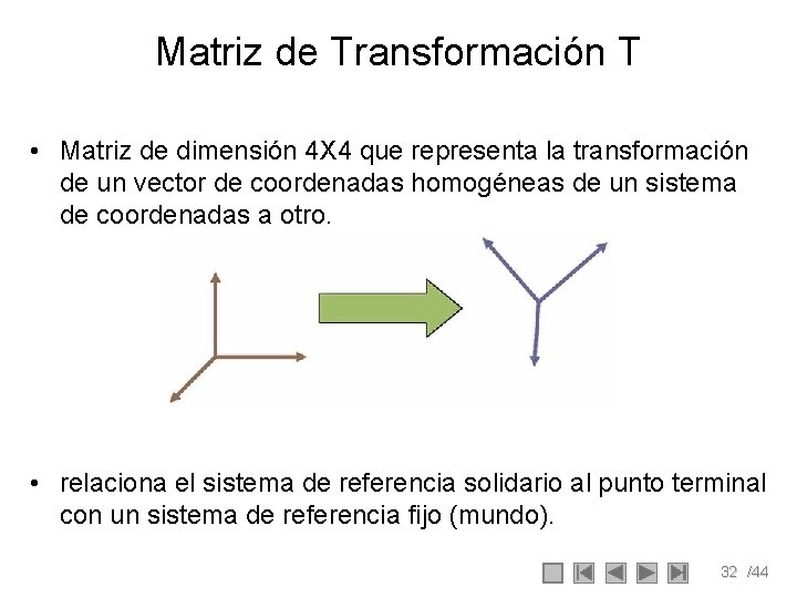 Matriz de Transformación T • Matriz de dimensión 4 X 4 que representa la