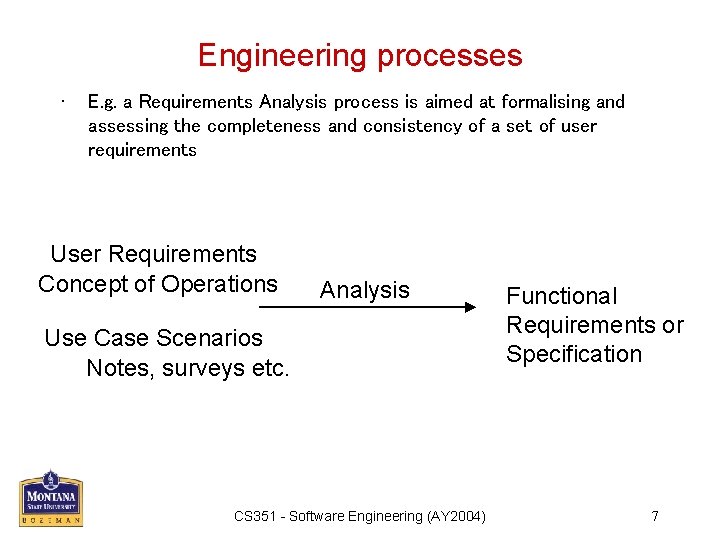 Engineering processes • E. g. a Requirements Analysis process is aimed at formalising and