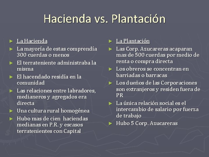 Hacienda vs. Plantación ► ► ► ► La Hacienda La mayoría de estas comprendía