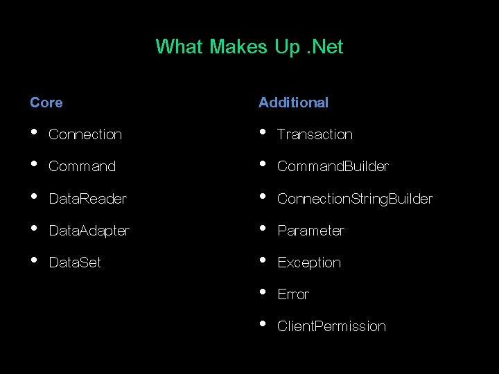 What Makes Up. Net Core • Connection • Command • Data. Reader • Data.