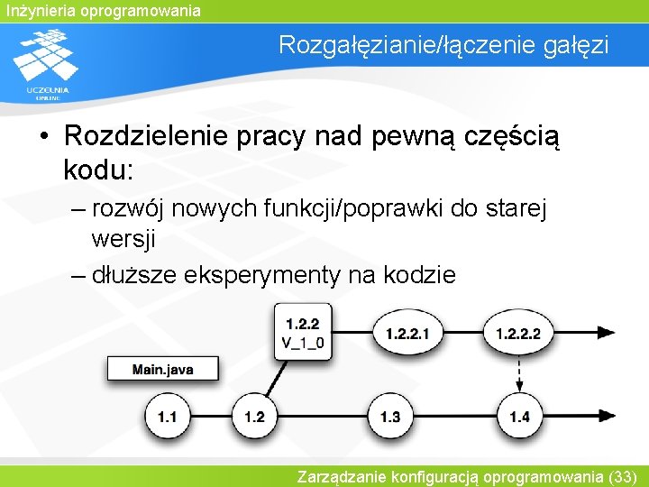 Inżynieria oprogramowania Rozgałęzianie/łączenie gałęzi • Rozdzielenie pracy nad pewną częścią kodu: – rozwój nowych