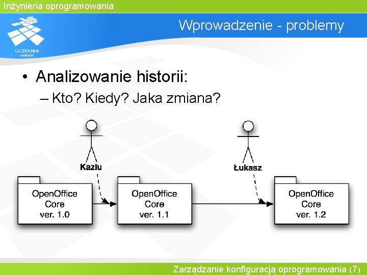 Inżynieria oprogramowania Wprowadzenie - problemy • Analizowanie historii: – Kto? Kiedy? Jaka zmiana? Zarządzanie