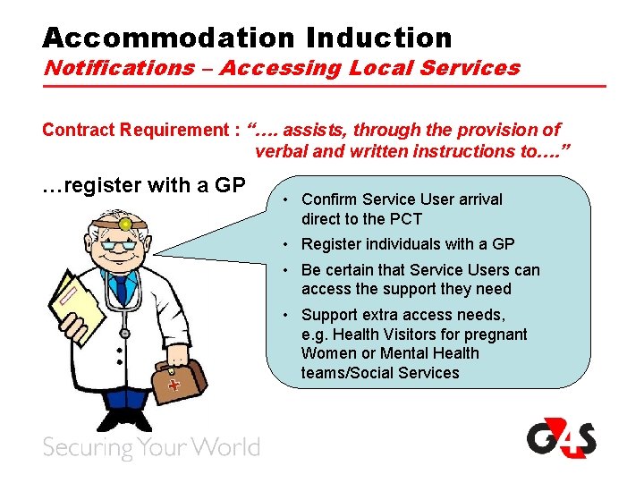 Accommodation Induction Notifications – Accessing Local Services Contract Requirement : “…. assists, through the