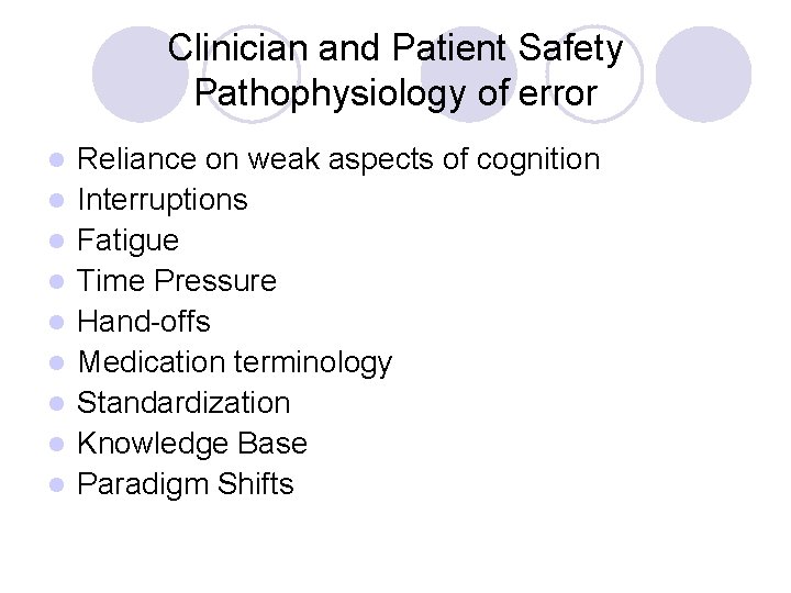 Clinician and Patient Safety Pathophysiology of error l l l l l Reliance on