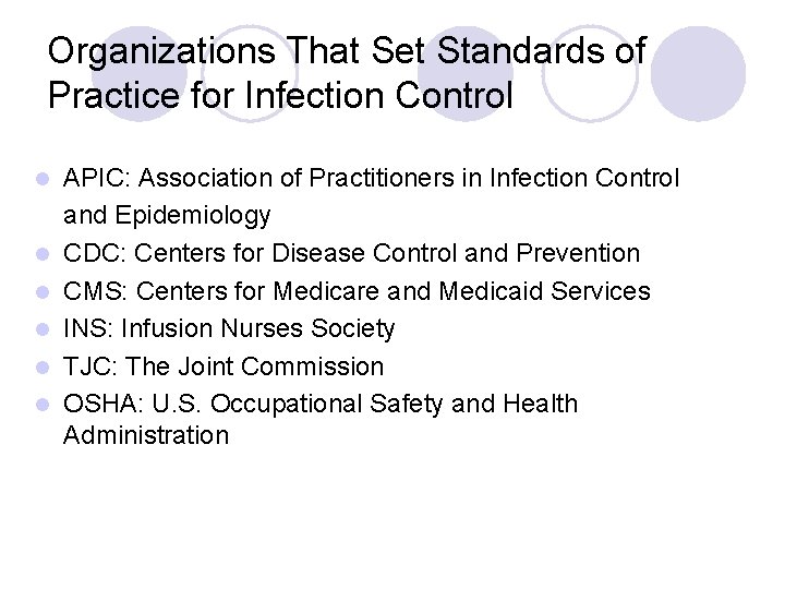 Organizations That Set Standards of Practice for Infection Control l l l APIC: Association