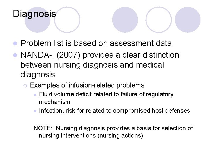 Diagnosis Problem list is based on assessment data l NANDA-I (2007) provides a clear