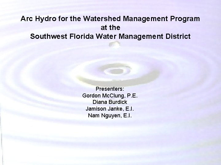 Arc Hydro for the Watershed Management Program at the Southwest Florida Water Management District Arc Hydro for the Watershed Management Program at the Southwest Florida Water Management District