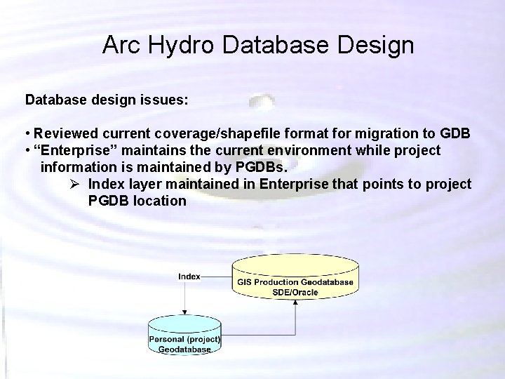 Arc Hydro Database Design Database design issues: • Reviewed current coverage/shapefile format for migration Arc Hydro Database Design Database design issues: • Reviewed current coverage/shapefile format for migration