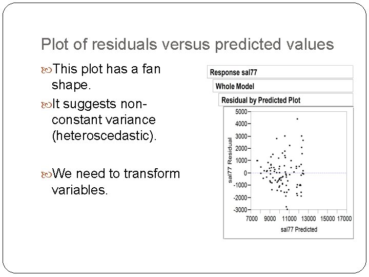 Plot of residuals versus predicted values This plot has a fan shape. It suggests