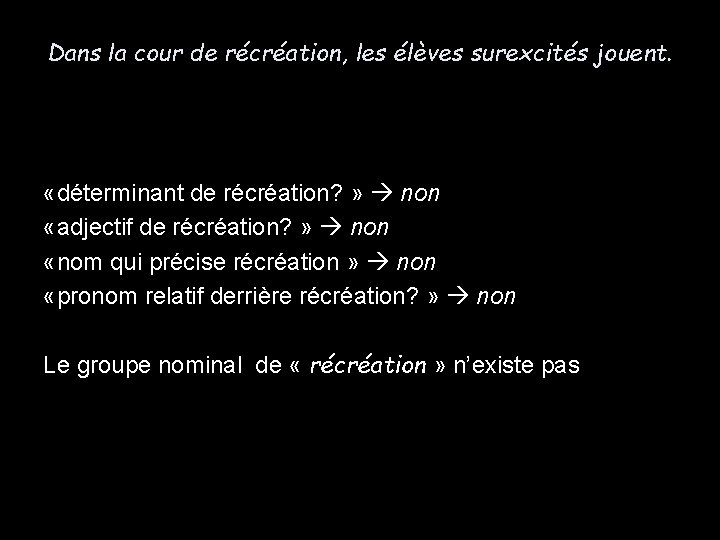 Dans la cour de récréation, les élèves surexcités jouent. «déterminant de récréation? » non