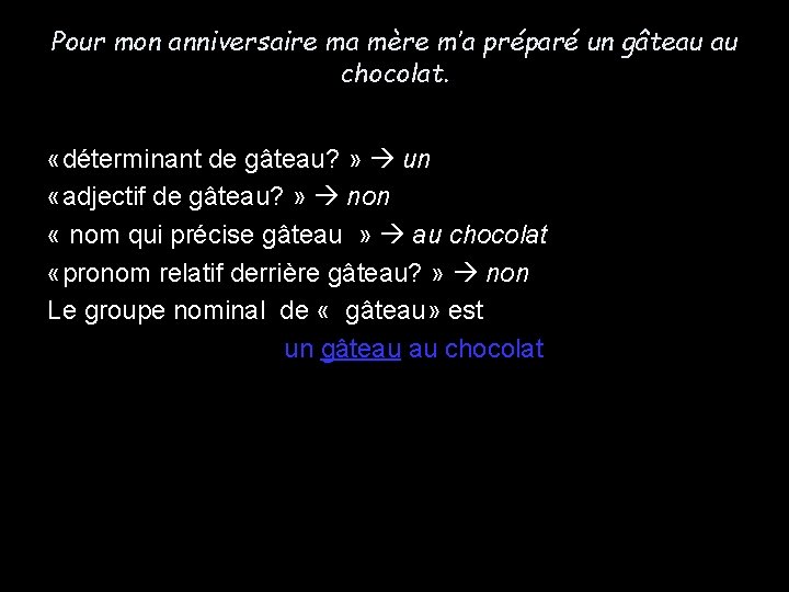 Pour mon anniversaire ma mère m’a préparé un gâteau au chocolat. «déterminant de gâteau?