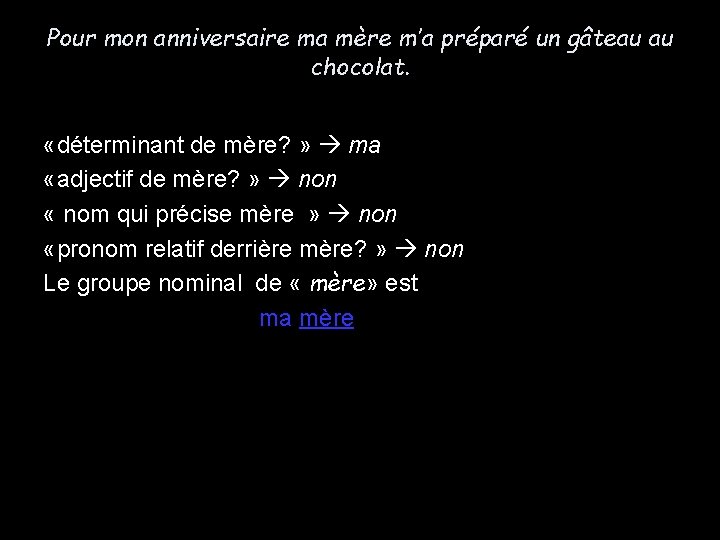 Pour mon anniversaire ma mère m’a préparé un gâteau au chocolat. «déterminant de mère?
