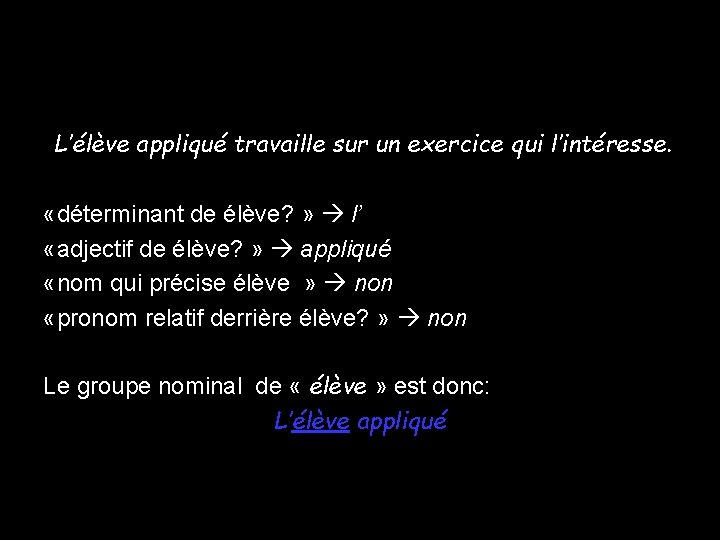 L’élève appliqué travaille sur un exercice qui l’intéresse. «déterminant de élève? » l’ «adjectif