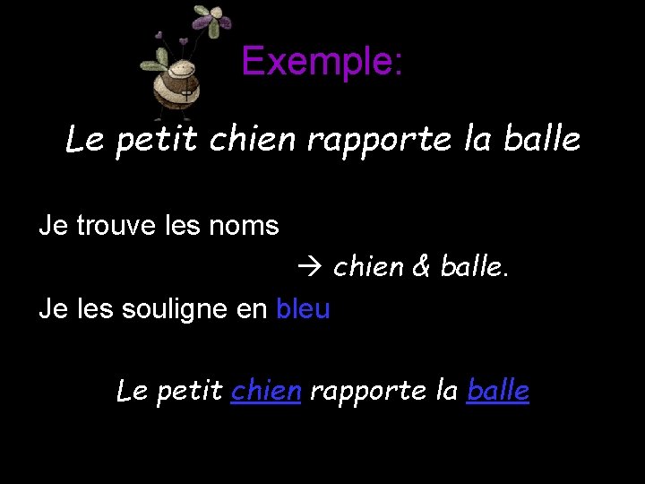Exemple: Le petit chien rapporte la balle Je trouve les noms chien & balle.