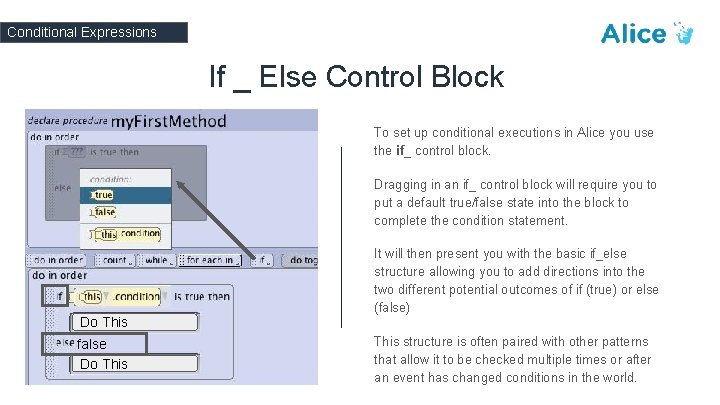Conditional Expressions If _ Else Control Block To set up conditional executions in Alice
