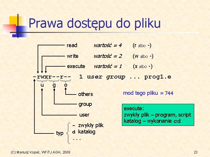 Prawa dostępu do pliku read wartość = 4 (r write wartość = 2 (w