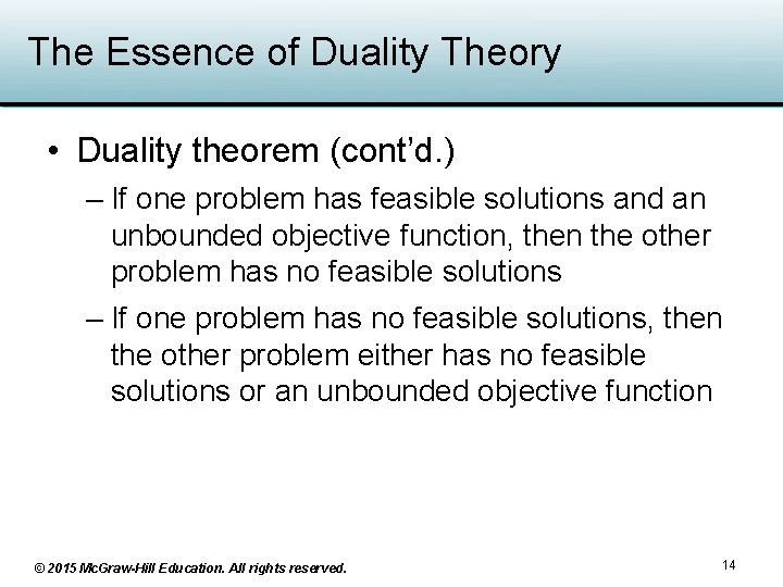 The Essence of Duality Theory • Duality theorem (cont’d. ) – If one problem