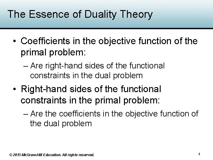 The Essence of Duality Theory • Coefficients in the objective function of the primal