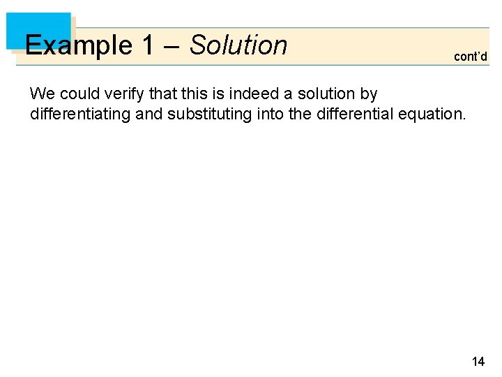 Example 1 – Solution cont’d We could verify that this is indeed a solution