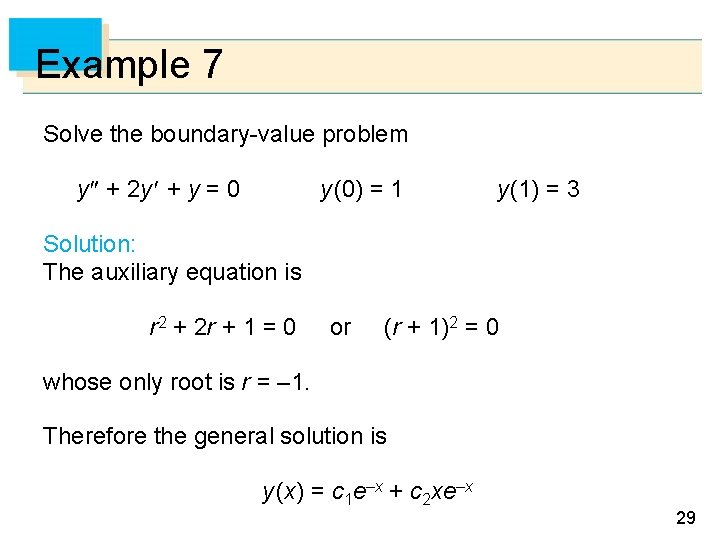 Example 7 Solve the boundary-value problem y + 2 y + y = 0