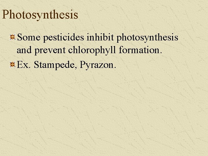 Photosynthesis Some pesticides inhibit photosynthesis and prevent chlorophyll formation. Ex. Stampede, Pyrazon. 
