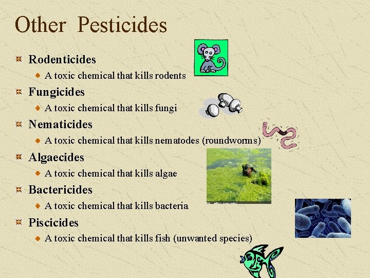 Other Pesticides Rodenticides A toxic chemical that kills rodents Fungicides A toxic chemical that