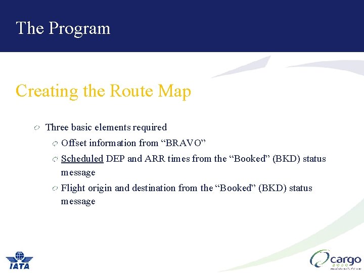 The Program Creating the Route Map Three basic elements required Offset information from “BRAVO” The Program Creating the Route Map Three basic elements required Offset information from “BRAVO”