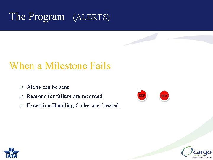 The Program (ALERTS) When a Milestone Fails Alerts can be sent Reasons for failure The Program (ALERTS) When a Milestone Fails Alerts can be sent Reasons for failure