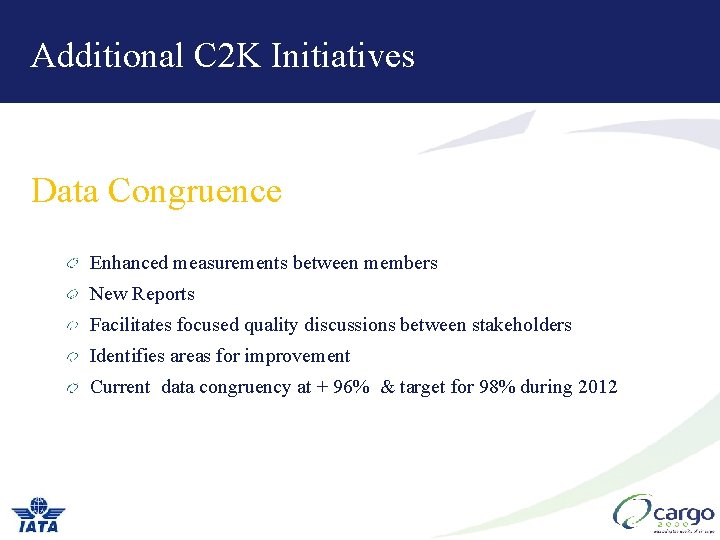 Additional C 2 K Initiatives Data Congruence Enhanced measurements between members New Reports Facilitates Additional C 2 K Initiatives Data Congruence Enhanced measurements between members New Reports Facilitates
