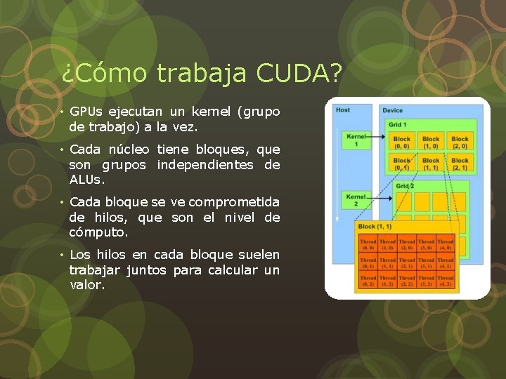 ¿Cómo trabaja CUDA? • GPUs ejecutan un kernel (grupo de trabajo) a la vez.
