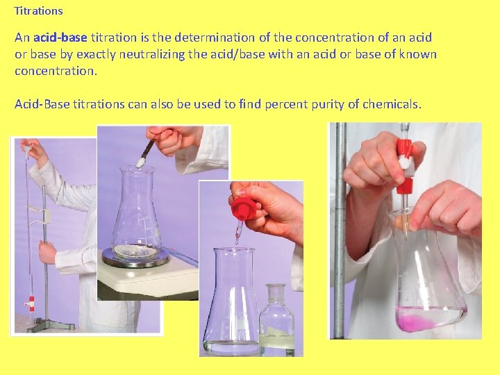 Titrations An acid-base titration is the determination of the concentration of an acid or