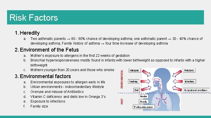 Risk Factors 1. Heredity a. Two asthmatic parents → 80 - 90% chance of