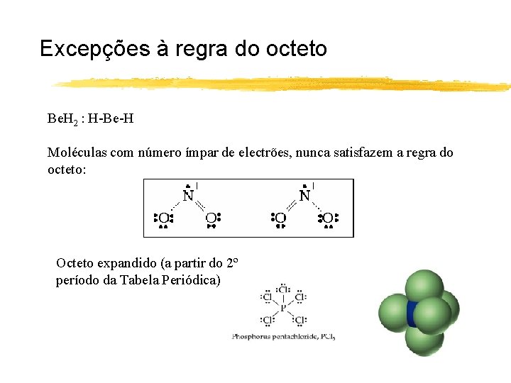 Excepções à regra do octeto Be. H 2 : H-Be-H Moléculas com número ímpar