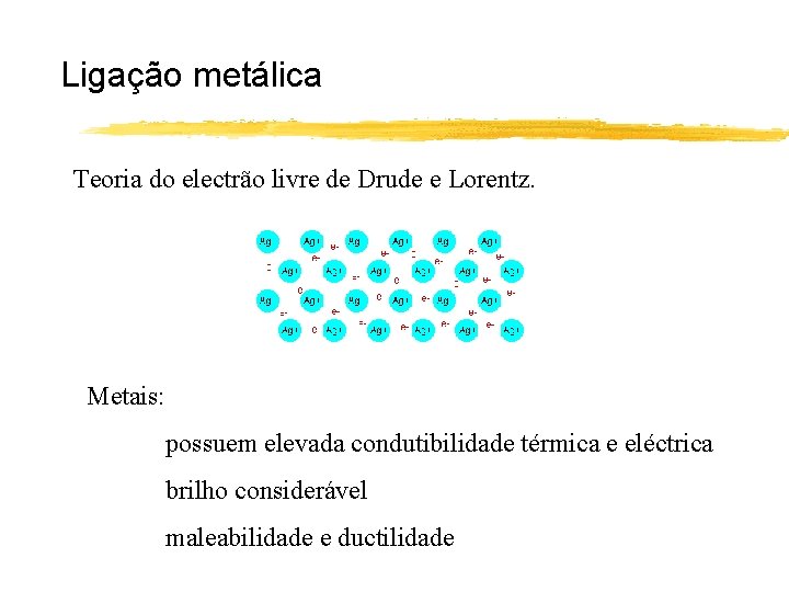 Ligação metálica Teoria do electrão livre de Drude e Lorentz. Metais: possuem elevada condutibilidade