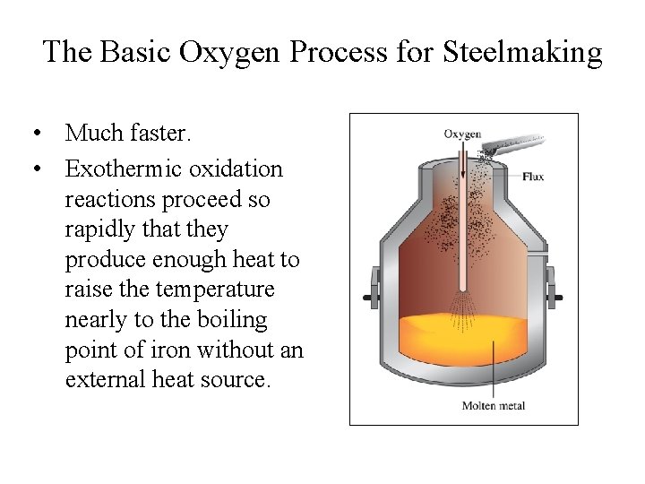 The Basic Oxygen Process for Steelmaking • Much faster. • Exothermic oxidation reactions proceed